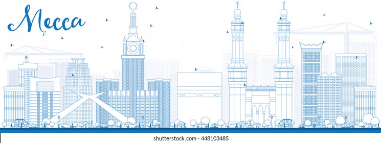 Outline Mecca Skyline with Blue Landmarks. Vector Illustration. Travel and Tourism Concept with Historic Buildings. Image for Presentation Banner Placard and Web Site.
