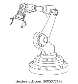 Outline mechanical robotic arm with gripper isolated on white. Vector illustration.