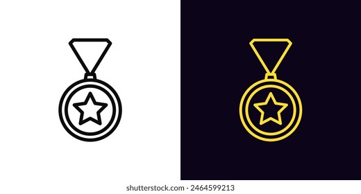 Outline medal icon, with editable stroke. Medal sign with star. First place, golden medal, sport award, top reward, winner and champion trophy, game prize and achievement, contest victory. Vector icon