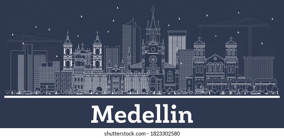 Outline Medellin Colombia City Skyline with White Buildings. Vector Illustration. Business Travel and Concept with Historic Architecture. Medellin Cityscape with Landmarks.