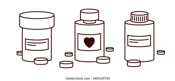 Outline medical bottles and pills icon set. Medical, pharmacy, health, vitamin, antibiotic, pharmaceutical, treatment concept illustration