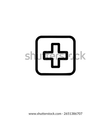 An outline of a medical cross (plus sign) enclosed in a rounded square, symbolizing a first aid kit.