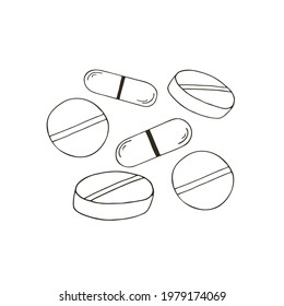 Outline Medical icon. Vector illustration in hand draw style. Medical tools. Tablets, capsules, medicine
