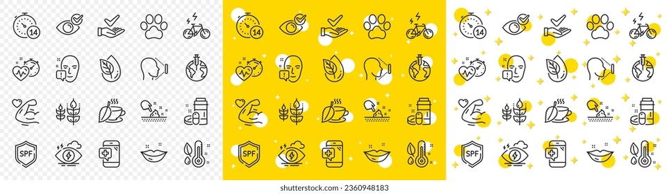 Outline Medical phone, Skin moisture and Organic product line icons pack for web with Quarantine, E-bike, Stress line icon. Pandemic vaccine, Lips, Gluten free pictogram icon. Vector