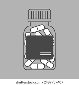 Outline medicine bottle with capsules. Pharmacy treatment. Drug pills container icon
