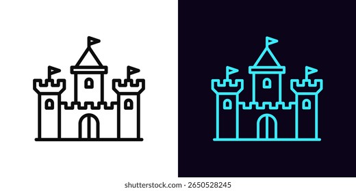 Contornar o ícone do castelo medieval, com traçado editável. Castelo King com torres e bandeiras, ícone da antiga fortaleza. Palácio de conto de fadas, edifício de castelo, castelo de cavaleiros, reino medieval. Ícone de vetor