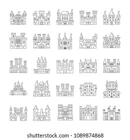 Outline medieval castles set isolated on white background. Vector illustration. Building fortress with tower, medieval historical architecture illustration