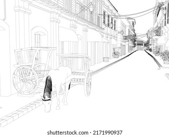 Outline Of A Medieval Street With A Horse And Cart From Black Lines Isolated On A White Background. Perspective View. 3D. Vector Illustration.