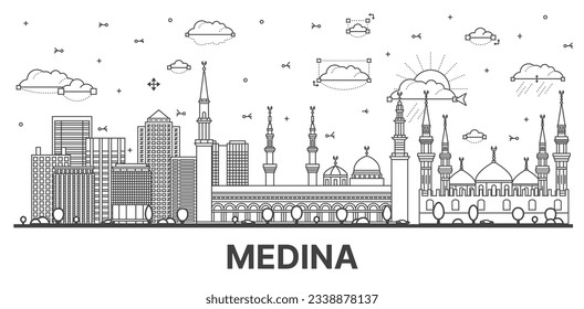 Umriss Medina Saudi Arabien City Skyline mit modernen und historischen Gebäuden einzeln auf Weiß. Vektorgrafik. Medina Stadtlandschaft mit Sehenswürdigkeiten.