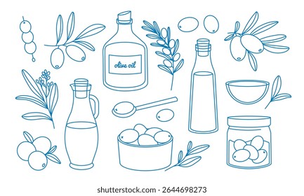 Outline mediterranean blue olive oil, fruit food set. Hand-drawn doodle elements Greek and Italian cuisine. Vector clipart organic nutrition