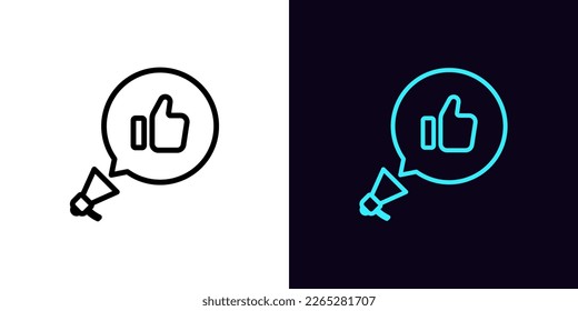 Umrissenes Megaphonsymbol mit bearbeitbarem Strich. Lautsprecher mit Blase-Message-Rahmen und Gefällt-Schild, am besten bieten Piktogramm. Aufrüsten, Billigung Hand, Werbung ankündigen, Online-Promotion. Vektorsymbol