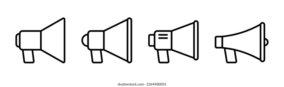 Outline megaphone icons set. Speaker symbol. Loudspeaker in line. Outline megaphone icon. Speaker in linear style. Megaphone symbol. Loudspeaker set