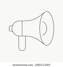 Outline of a megaphone, simple line art. Megaphone icon, minimal design. Black and white megaphone drawing, basic and clear. Megaphone illustration, straightforward. Vector isolated on white.