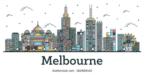 Outline Melbourne Australia City Skyline with Color Buildings Isolated on White. Vector illustration. Melbourne Cityscape with Landmarks.