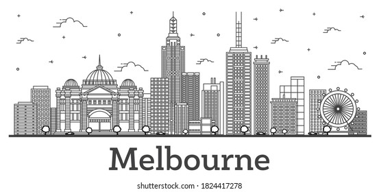 Outline Melbourne Australia City Skyline with Modern and Historic Buildings Isolated on White. Vector illustration. Melbourne Cityscape with Landmarks.