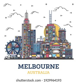 Outline Melbourne Australia City Skyline with Colored Modern Buildings Isolated on White. Vector illustration. Melbourne Cityscape with Landmarks.