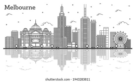 Outline Melbourne Australia City Skyline with Modern and Historic Buildings with Reflections Isolated on White. Vector illustration. Melbourne Cityscape with Landmarks.