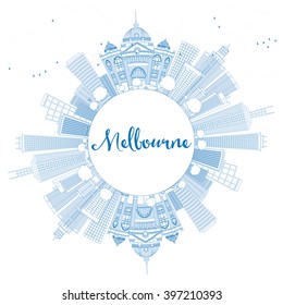 Outline Melbourne Skyline with Blue Buildings. Vector Illustration. Business Travel and Tourism Concept with Copy Space. Image for Presentation Banner Placard and Web Site.