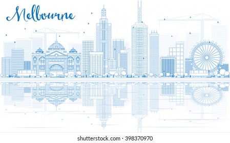 Outline Melbourne Skyline with Blue Buildings and Reflections. Vector Illustration. Business Travel and Tourism Concept with Modern Buildings. Image for Presentation Banner Placard and Web Site.