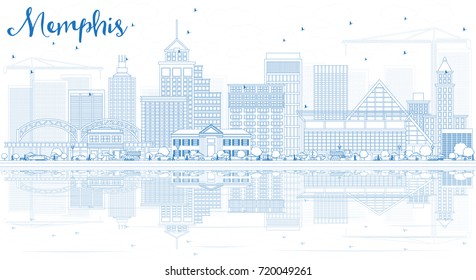 Outline Memphis Skyline with Blue Buildings and Reflections. Vector Illustration. Business Travel and Tourism Concept with Historic Architecture. Image for Presentation Banner Placard and Web Site.