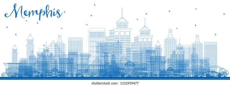 Outline Memphis Tennessee City Skyline with Blue Buildings. Vector Illustration. Business Travel and Tourism Concept with Historic Architecture. Memphis Cityscape with Landmarks.