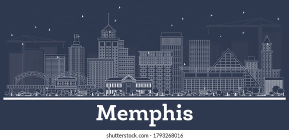 Outline Memphis Tennessee City Skyline With White Buildings. Vector Illustration. Business Travel And Tourism Concept With Modern Architecture. Memphis USA Cityscape With Landmarks.