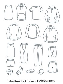 Outline men casual clothes for fitness training. Basic garments for gym workout. Vector thin line icons. Outfit for active man. Sport style linear male shirts, pants, jackets, tops, bottoms, shorts