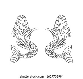 Outline Mermaids. Couple Sisters Love