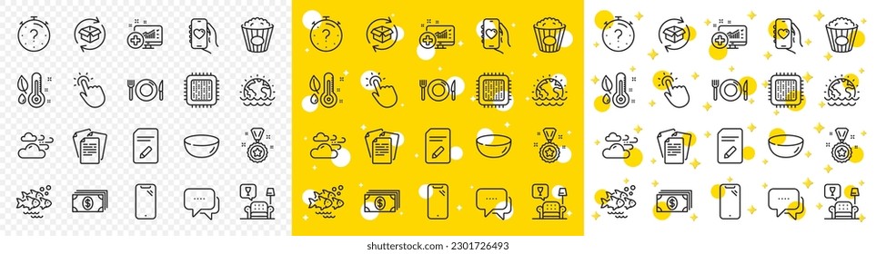 Envase de iconos de línea de mensajes de esquema, alimentos y Smartphone para web con clima de viento, escuela de pescado, icono de línea de termómetro. Salón, premio ganador, icono del pictograma plato Bowl. Documentos, Popcorn. Vector