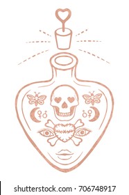 Outline metallic tattoo Rose gold foil texture Ornate love potion or poison bottle design Skull and crossbones Decorative esoteric symbols in boho style for t shirt, textile, wall art, poster, print