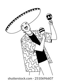 esboço, homem mexicano em um sombrero dançando com maracas. Ilustração vetorial