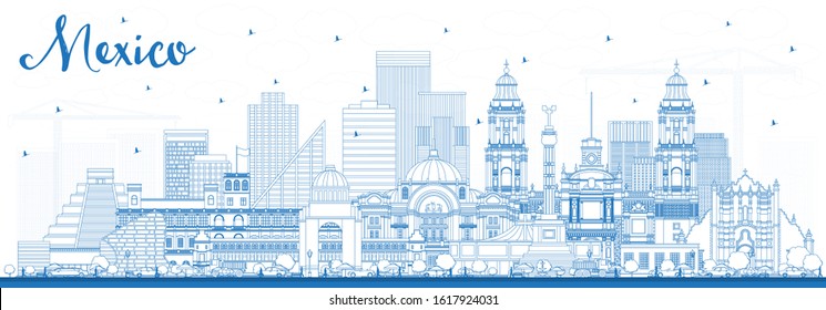 Outline Mexico City Skyline with Blue Buildings. Vector Illustration. Business Travel and Tourism Concept with Historic Architecture. Mexico Cityscape with Landmarks.