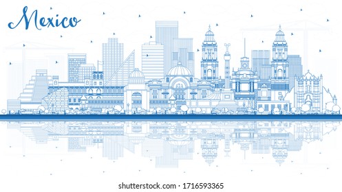 Outline Mexico City Skyline with Blue Buildings and Reflections. Vector Illustration. Business Travel and Tourism Concept with Historic Architecture. Mexico Cityscape with Landmarks.