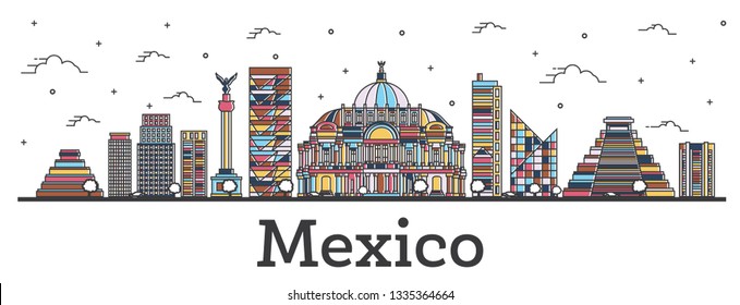 Outline Mexico City Skyline with Color Buildings Isolated on White. Vector Illustration. Mexico Cityscape with Landmarks. 