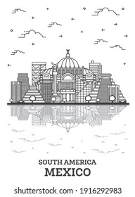 Outline Mexico City Skyline with Historical Buildings and Reflections Isolated on White. Vector Illustration. Mexico Cityscape with Landmarks. 
