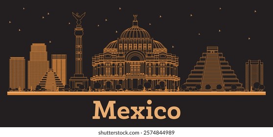 Outline Mexico City Skyline with orange Buildings. Vector Illustration. Business Travel and Concept with Modern Architecture. Mexico Cityscape with Landmarks.