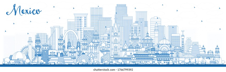 Outline Mexico (Country) City Skyline with Blue Buildings. Vector Illustration. Concept with Historic Architecture. Mexico Cityscape with Landmarks. Puebla. Mexico. Tijuana. Guadalajara.