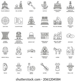 Outline Mexico Elements flat vector icon collection set