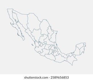 Outline Mexico map isolated on white background. Mexico map. Mexico map outline template. Editable Mexico map outline with state divisions. Vector illustration