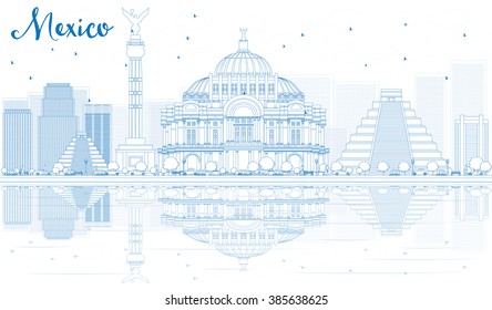 Outline Mexico skyline with blue buildings and reflections. Vector illustration. Business travel and tourism concept with place for text. Image for presentation, banner, placard and web site.