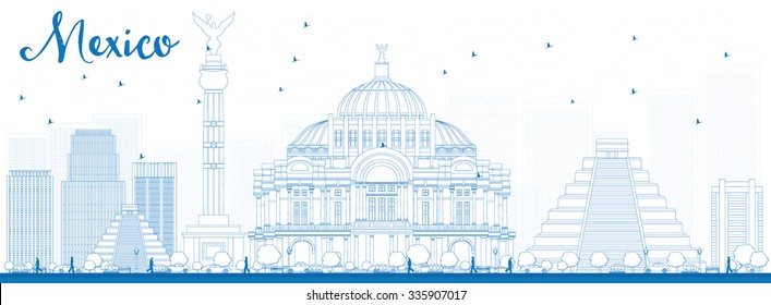 Outline Mexico skyline with blue landmarks. Vector illustration. Business travel and tourism concept with historic buildings. Image for presentation, banner, placard and web site.