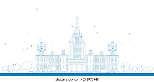 Outline MGU. Moscow State University, Moscow, Russia. Vector illustration with cars. Business travel and tourism concept with historic building