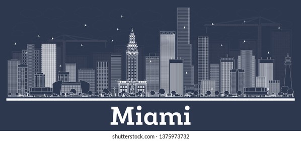 Outline Miami Florida City Skyline with White Buildings. Vector Illustration. Business Travel and Concept with Modern Architecture. Miami Cityscape with Landmarks.