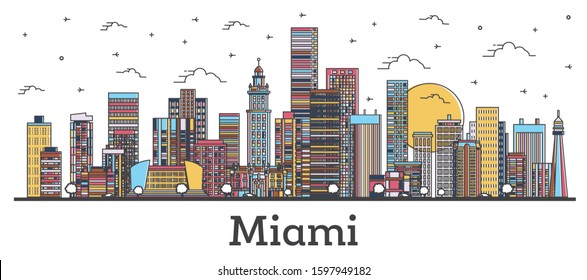 Outline Miami Florida City Skyline with Color Buildings Isolated on White. Vector Illustration. Miami USA Cityscape with Landmarks. 