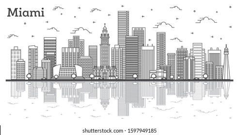 Outline Miami Florida City Skyline with Modern Buildings and Reflections Isolated on White. Vector Illustration. Miami USA Cityscape with Landmarks. 