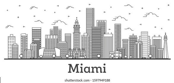 Esbozo de Miami Florida City Skyline con edificios modernos aislados en blanco. Ilustración vectorial. El paisaje urbano de Miami USA con monumentos. 