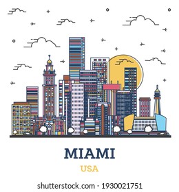 Outline Miami Florida City Skyline with Colored Modern Buildings Isolated on White. Vector Illustration. Miami USA Cityscape with Landmarks.