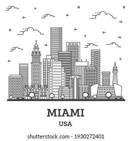 Esbozo de Miami Florida City Skyline con edificios modernos aislados en blanco. Ilustración vectorial. El paisaje urbano de Miami USA con monumentos. 