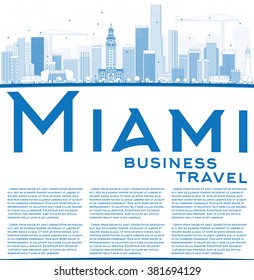 Esbozar Miami Skyline con edificios azules y copiar espacio. Ilustración vectorial. Concepto de viajes de negocios y turismo con edificios modernos. Imagen para Presentación Placard Banner y Sitio Web.