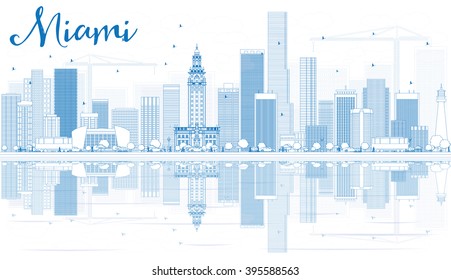 Outline Miami Skyline with Blue Buildings and Reflections. Vector Illustration. Business Travel and Tourism Concept with Modern Buildings. Image for Presentation Banner Placard and Web Site.